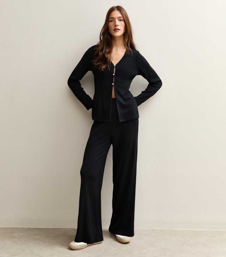 Black Soft Touch Front Seam Wide Leg Trousers