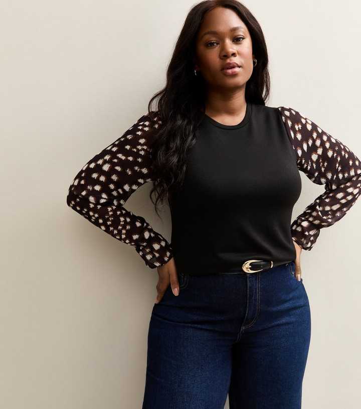 Curves Black Soft Touch Printed Long Sleeve Top