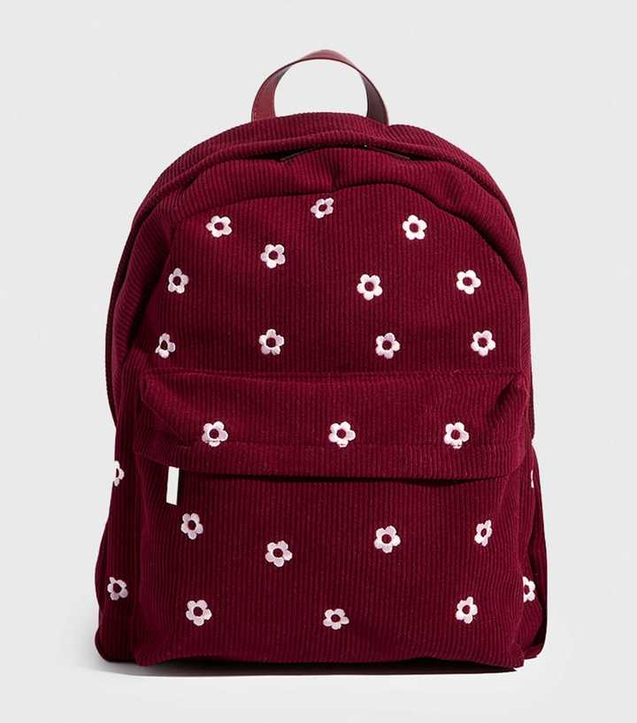Skinnydip Burgundy Floral Embroidered Corduroy Backpack