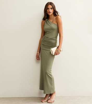 Khaki One Shoulder Slinky Jersey Midi Dress