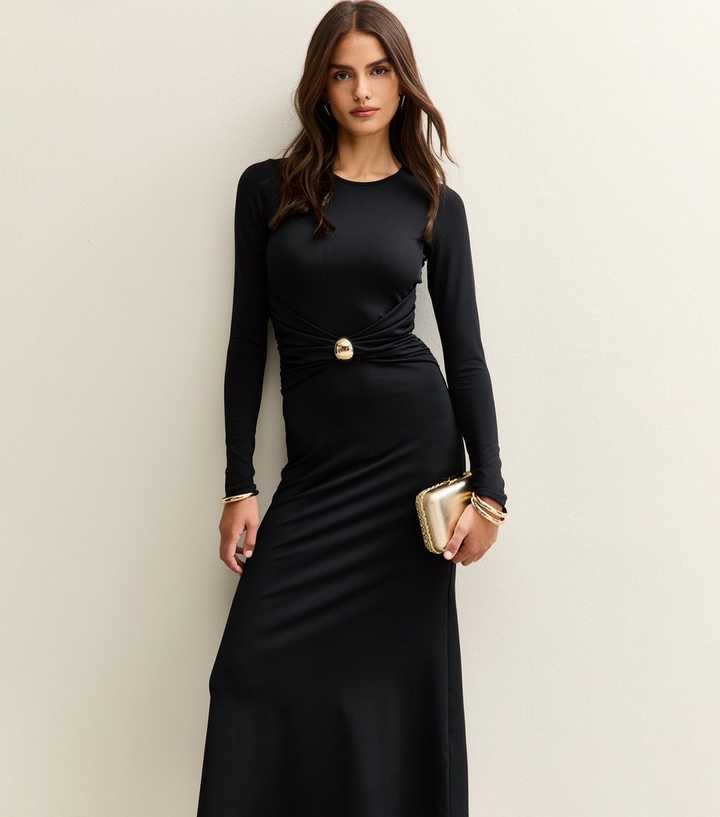 knee length dresses for ladies Elena Long Sleeve Ruched Seamed Midi Dress (Black) | Love Cherish main image 1