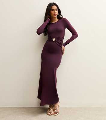 Burgundy Ruched Waist Long Sleeve Midi Dress