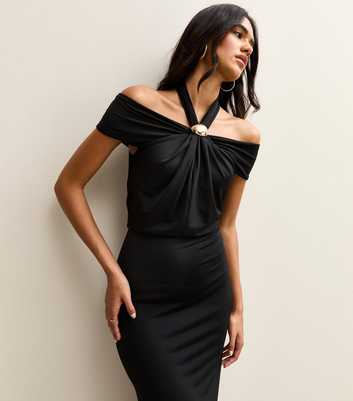 Black Buckle Detail Halterneck Bardot Midaxi Dress