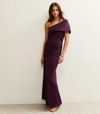 Dark Burgundy One Shoulder Ruched Maxi Dress