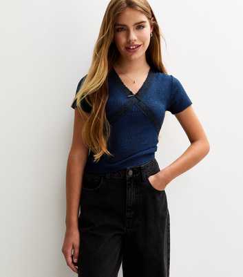 Girls Navy Textured Lace Top