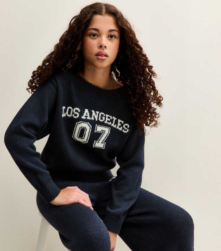 Girls Navy Knitted Los Angeles 07 Slash Neck Jumper