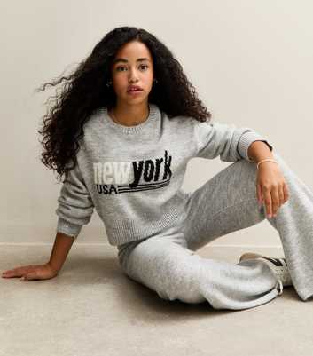 Girls Grey New York Slogan Knitted Jumper