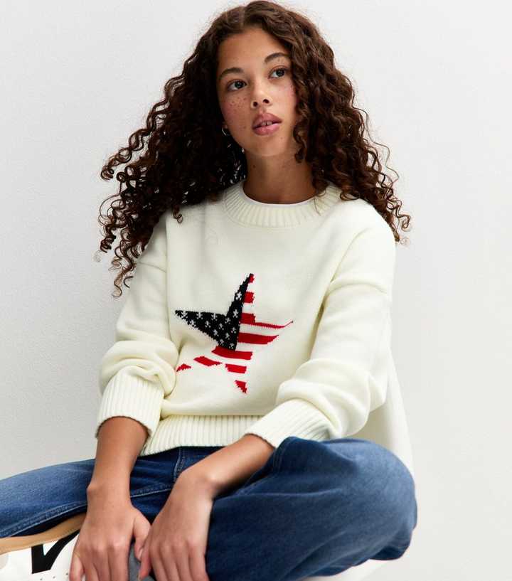 Girls White American Flag Star Crew Neck Jumper