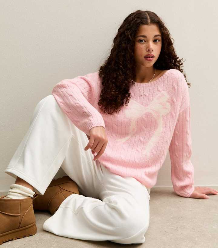 Girls Light Pink Cable Knit Bow Jumper