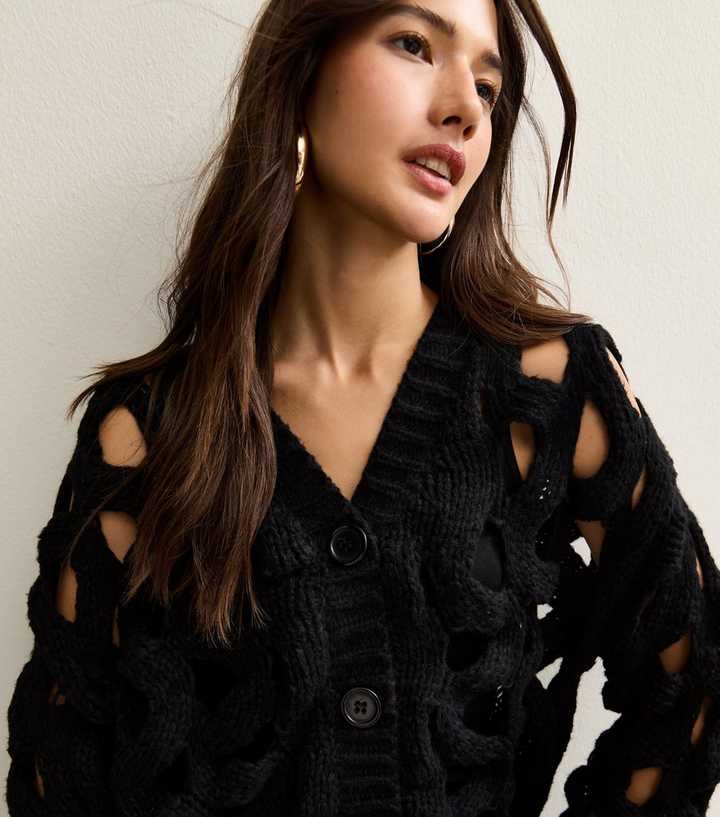 Gini London Black Hollow Chunky Knit Cardigan
