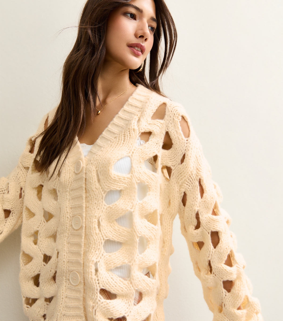 Gini London Women's Cream Hollow Chunky Knit Cardigan New Look Large