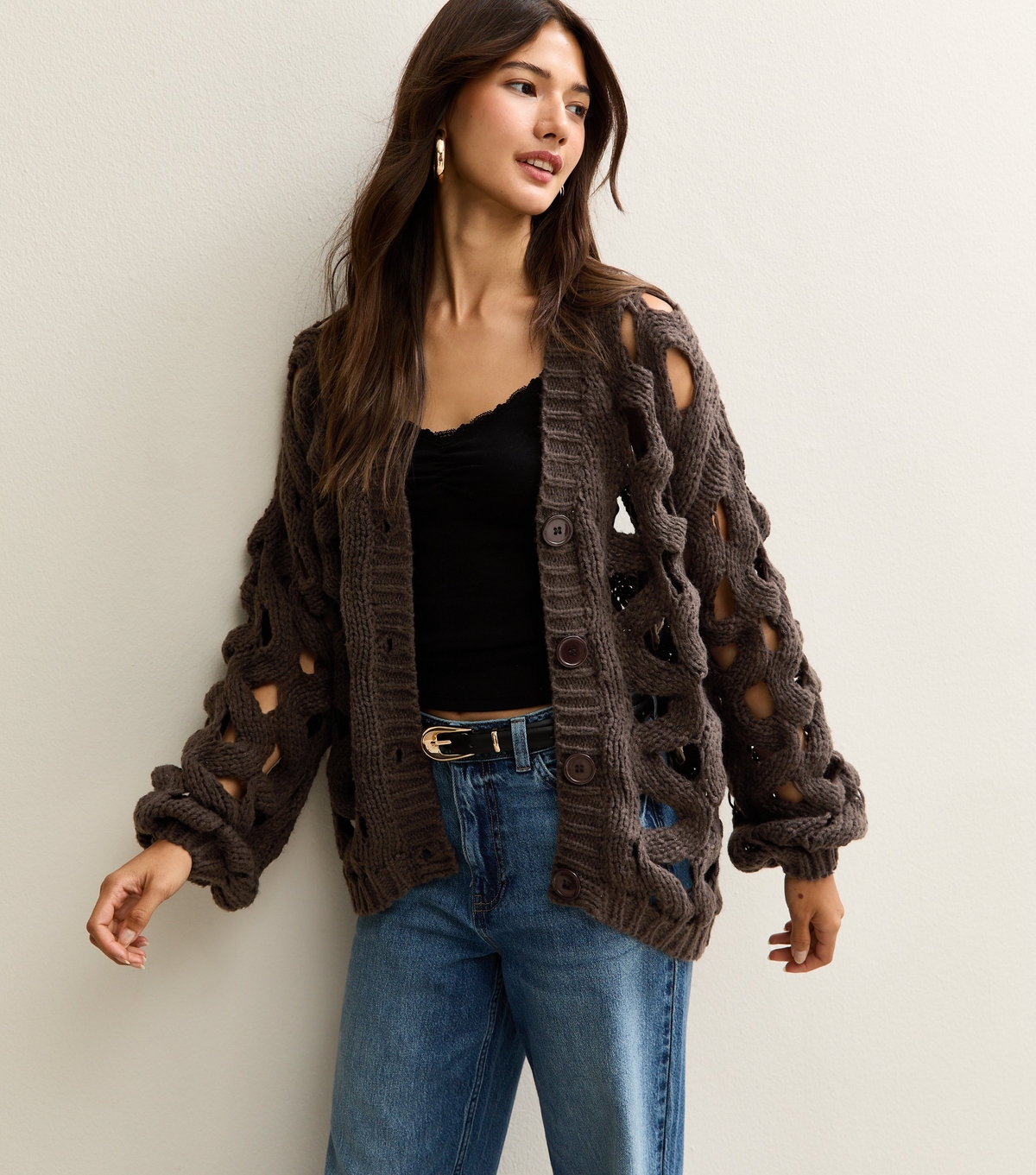 Gini London Women's Rust Dark Brown Hollow Chunky Knit Cardigan New Look Large