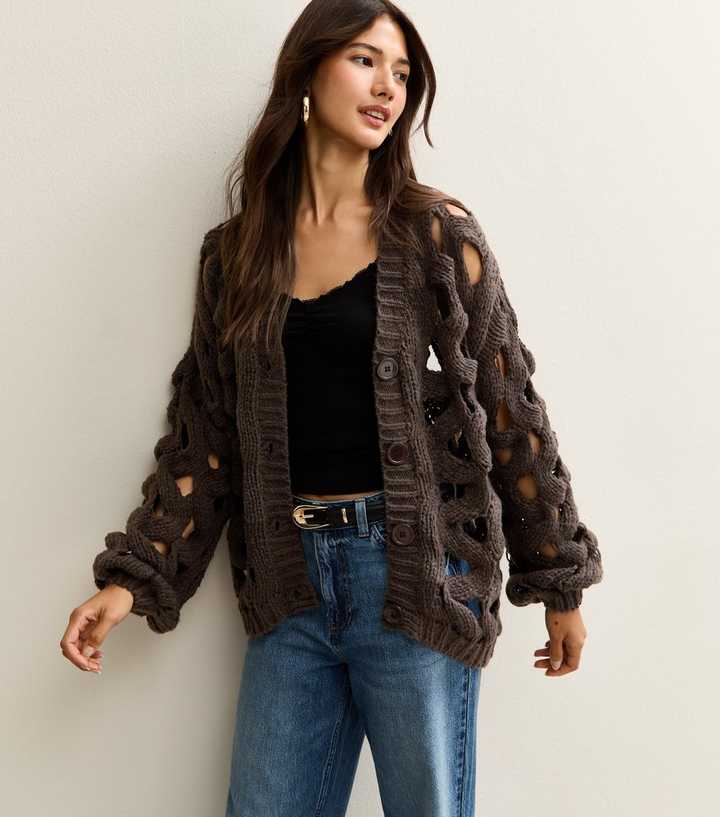 Gini London Dark Brown Hollow Chunky Knit Cardigan