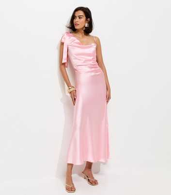 Light Pink Satin Draped Shoulder Bow Midi Dress