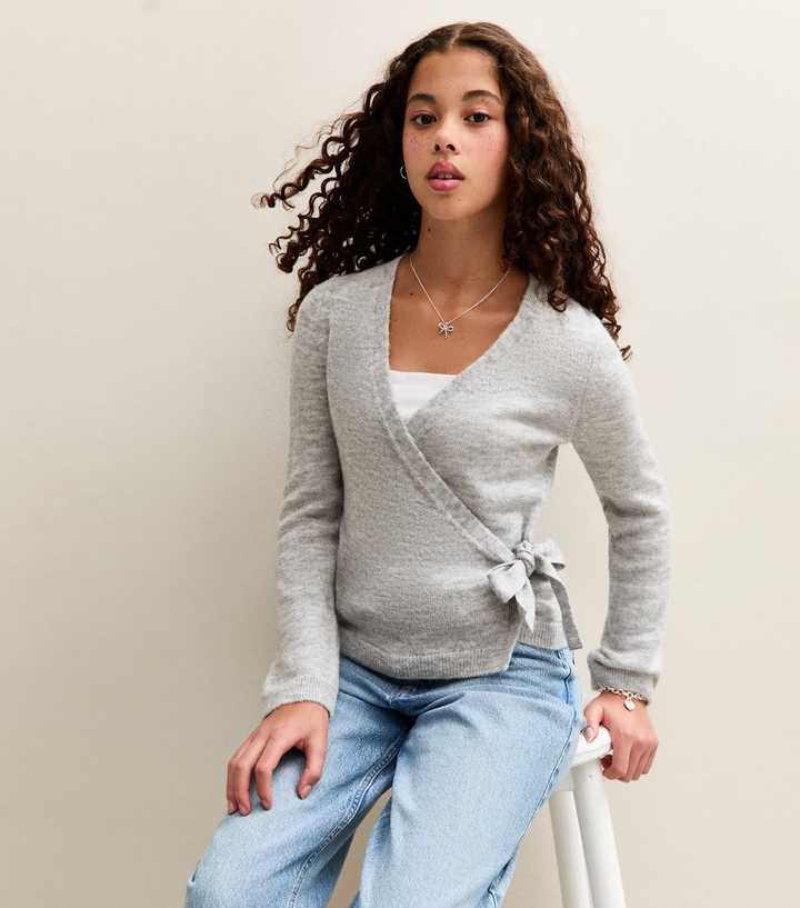 Girls Grey Tie Side Wrap Jumper