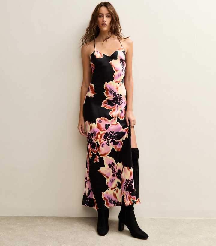 Black Floral Print Low Back Midi Dress