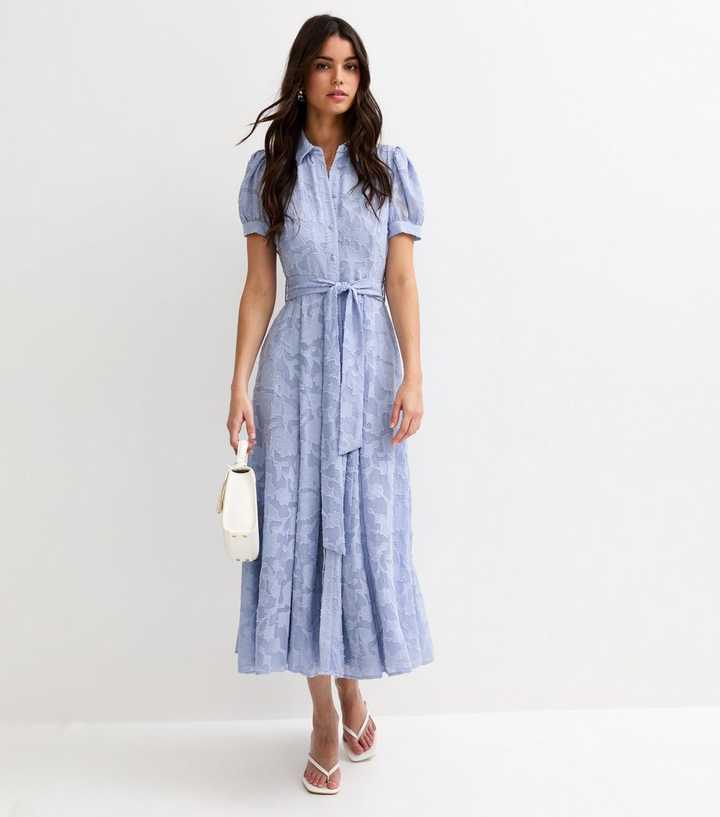 Light Blue Brocade Puff Sleeve Shirt Dress