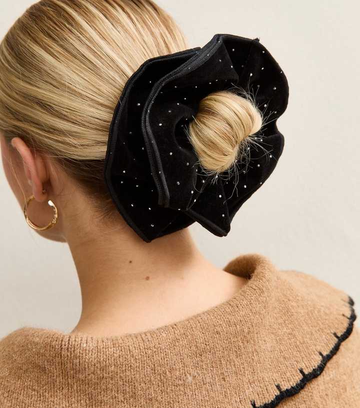 Black Large Diamante Studded Velvet Scrunchie