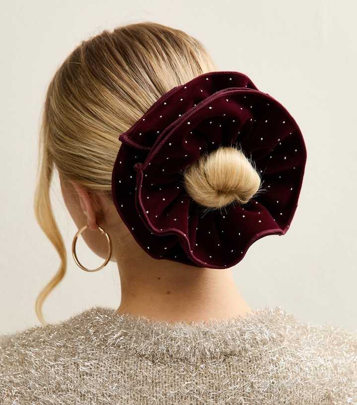 Burgundy Large Diamante Studded Velvet Scrunchie