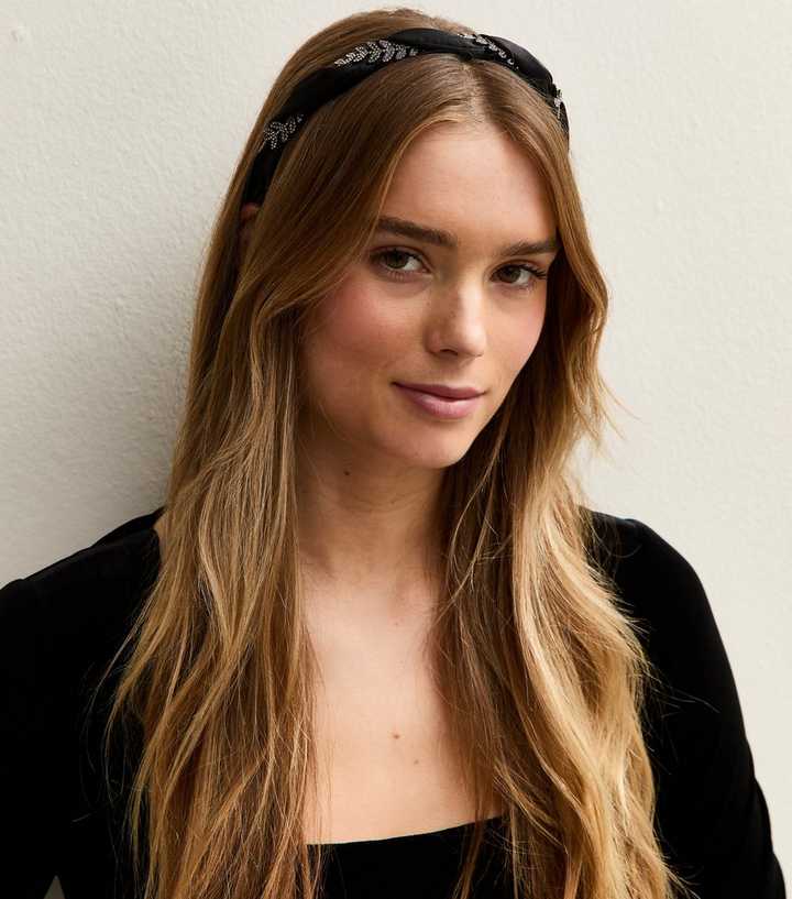 Black Leaf Embellished Satin Headband