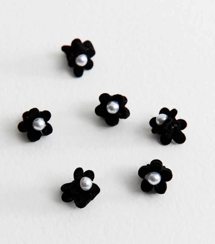 Pack of 6 Black Mini Faux Pearl Embellished Floral Hair Clips