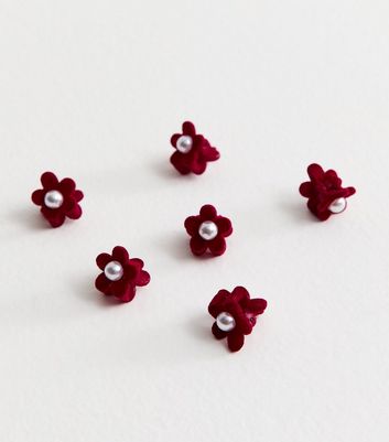 Pack of 6 Burgundy Mini Faux Pearl Embellished Floral Hair Clips