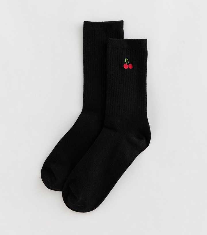 Black Embroidered Cherry Ankle Socks