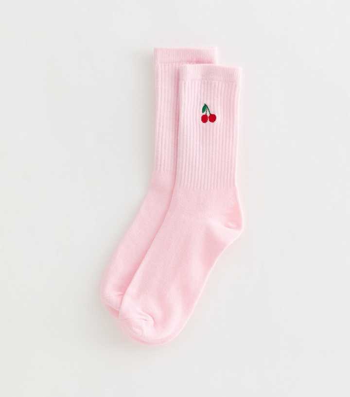 Pink Cotton Rich Cherry Embroidered Ribbed Tube Socks