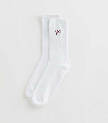White Bow Embroidered Tube Sock