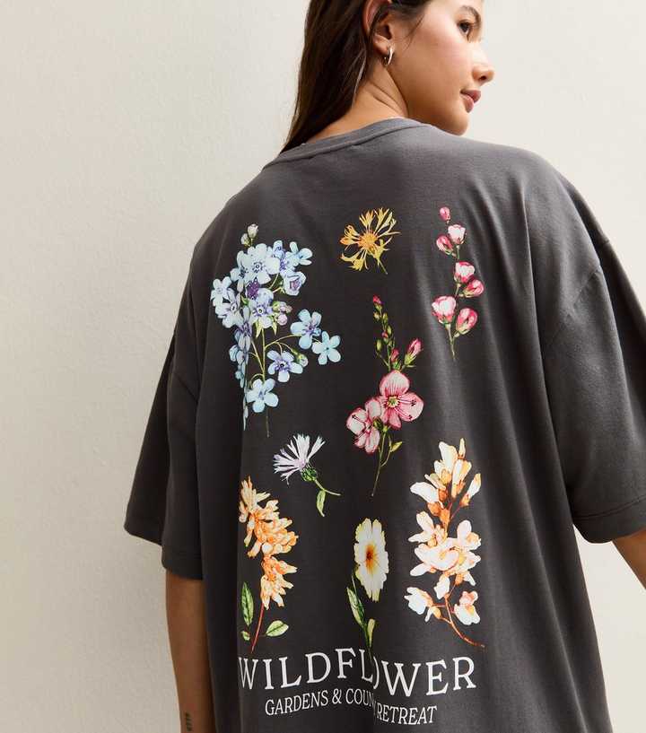 Dark Grey Flower Print Oversized T-Shirt