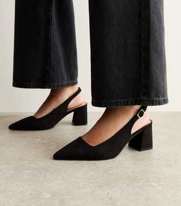 Wide Fit Black Faux Suede Block Heel Slingback Pumps