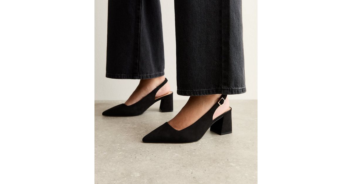 Wide Fit Black Faux Suede Block Heel Slingback Pumps | New Look