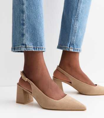 Wide Fit Light Brown Faux Suede Block Heel Slingback Pumps
