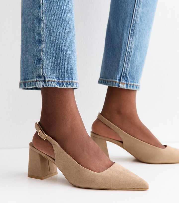 Wide Fit Light Brown Faux Suede Block Heel Slingback Pumps