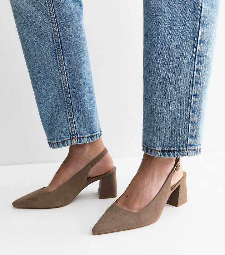 Wide Fit Mink Faux Suede Block Heel Slingback Pumps