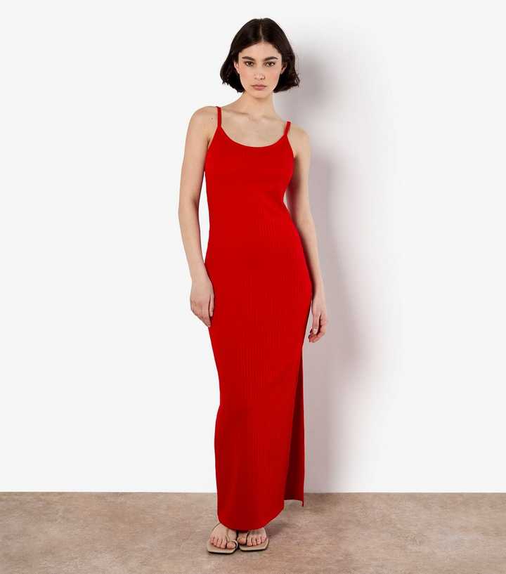 Apricot Red Ribbed Slit Hem Maxi Dress