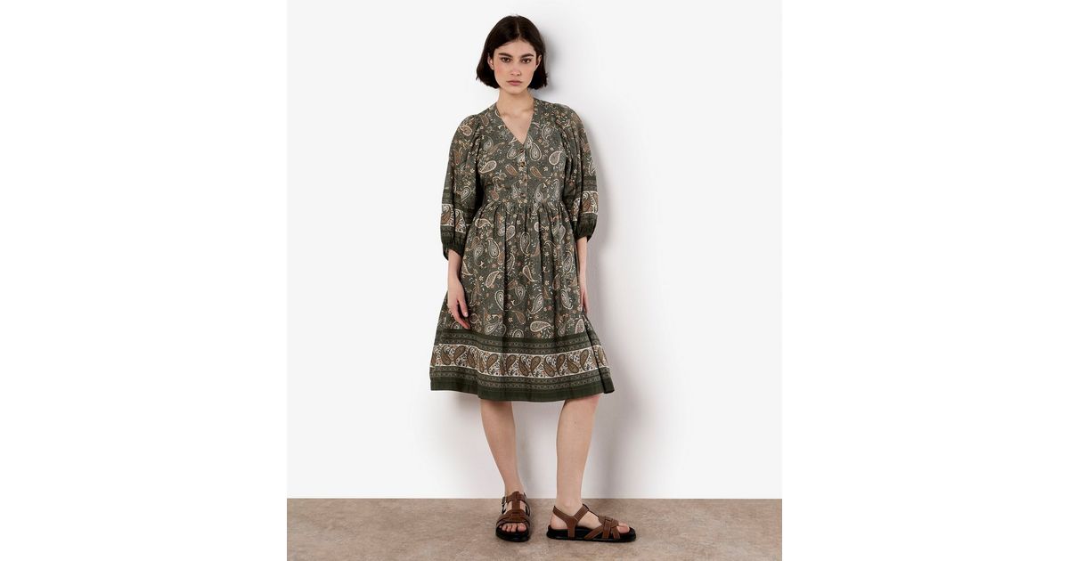Apricot Khaki Paisley Print V-Neck Dress New Look
