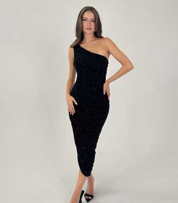 AX Paris Black Velvet One Shoulder Sparkly Midi Dress