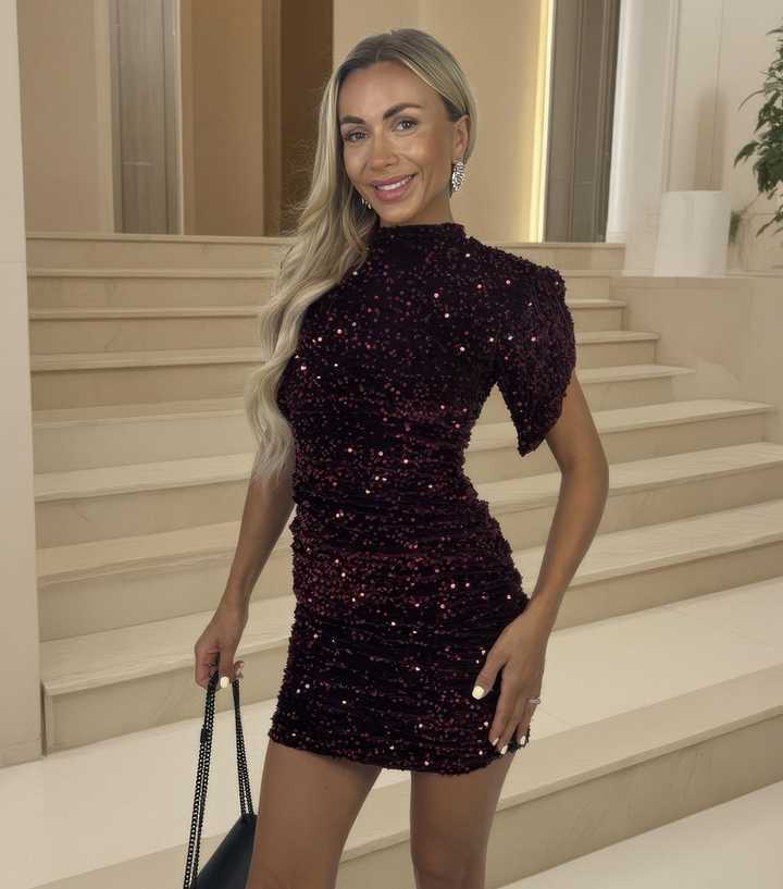 AX Paris Dark Red Sequin Split Sleeve Mini Dress