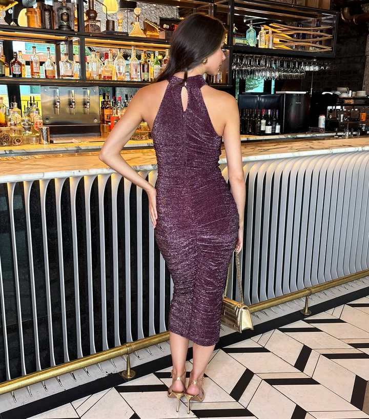 AX Paris Dark Purple Sparkle Halter Neck Midi Dress