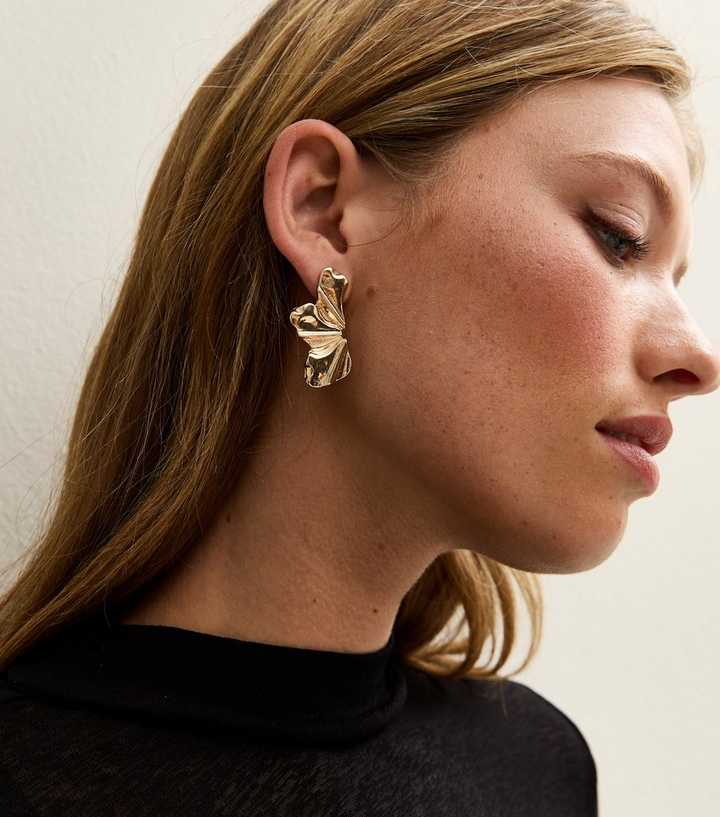 Gold Tone Textured Petal Stud Earrings 