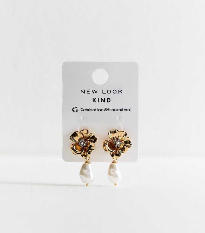 Gold Tone Faux Pearl Drop Floral Earrings 