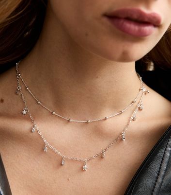 Silver Tone 2-Layer Beaded Mini Diamante Charm Necklace