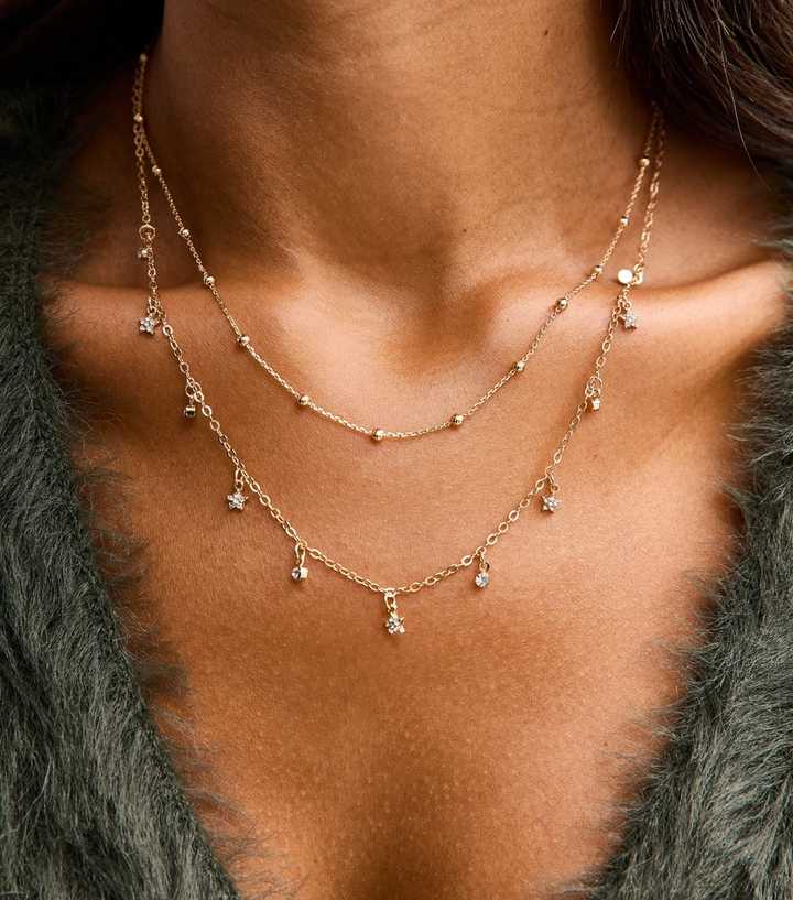 Gold Tone 2-Layer Beaded Mini Diamante Charm Necklace