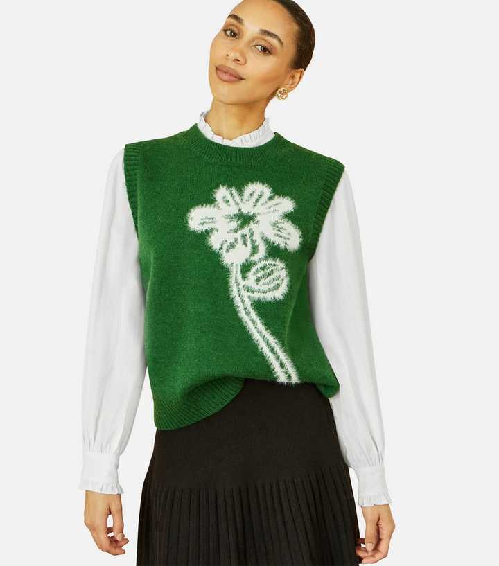 Yumi Green Contrast Floral Sleeveless Jumper