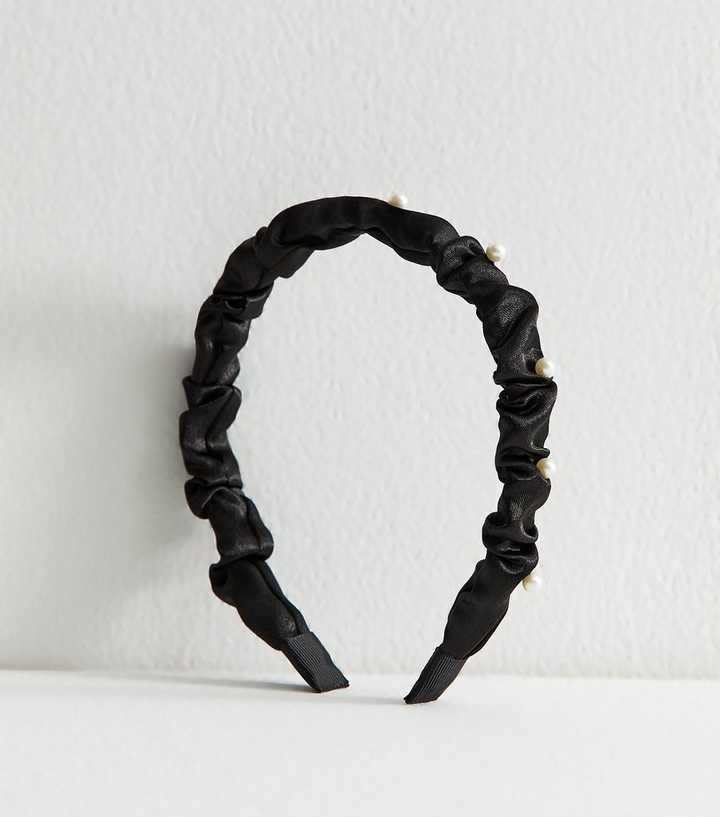 Black Satin Ruched Faux Pearl Headband