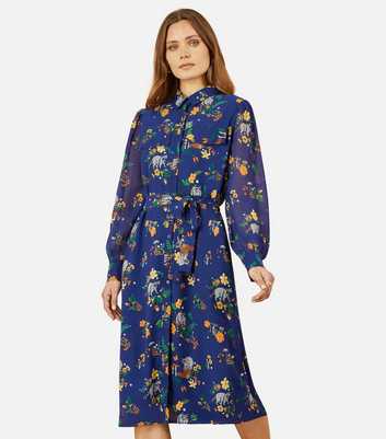 Yumi Blue Racoon Print Belted Midi Shirt Dress 