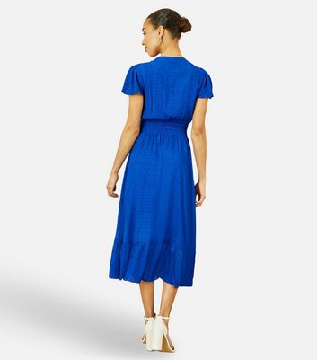Yumi Blue Textured Metallic Stripe Midi Dress New Look