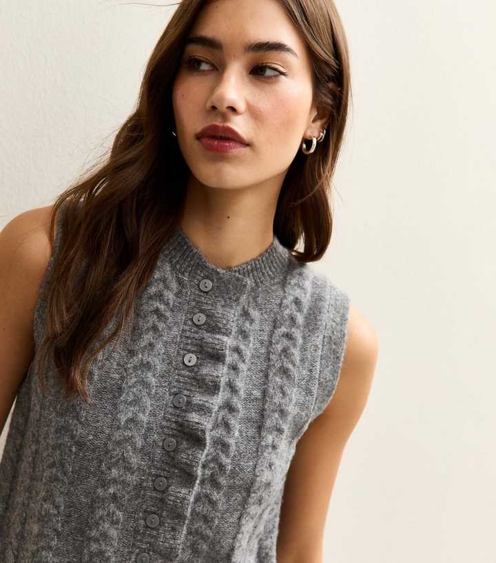 Grey Cable Knit Frill Trimmed Waistcoat