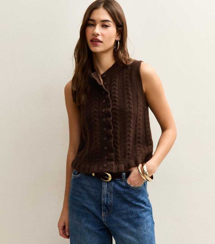 Dark Brown Cable Knit Frill Trimmed Waistcoat